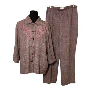 Draper's Damons Purple Pant Suit | Embroidered Floral Button Up Jacket | PXL